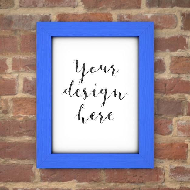 Free PSD blue frame mockup on bricks wall