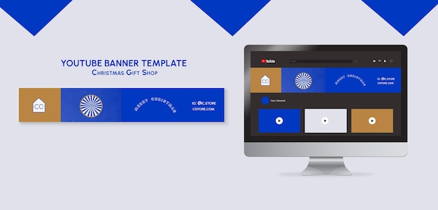 PSD gratuito banner youtube del negozio di articoli da regalo blu e oro
