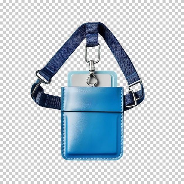 Free PSD blue id leather card holder with lanyard isolated on background