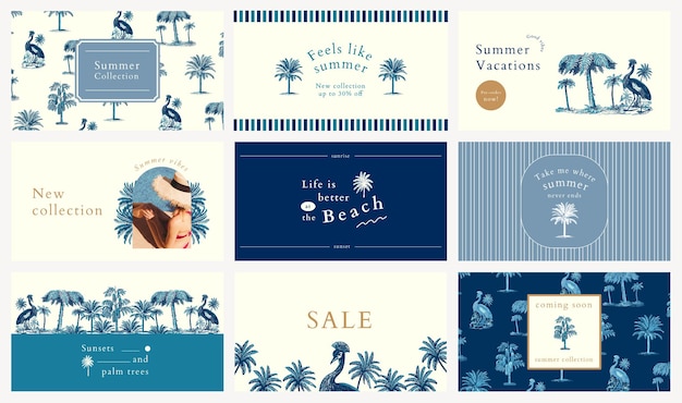 Blue summer banner template psd set with tropical background