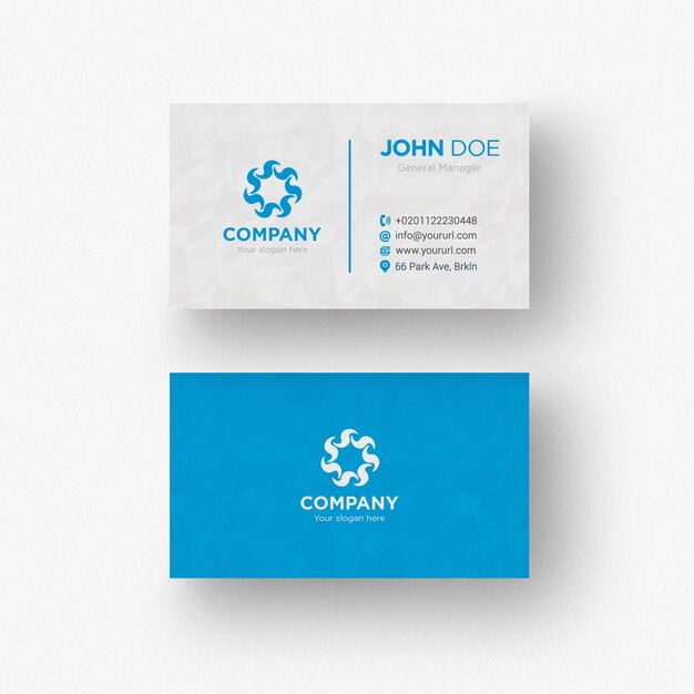 Blue and white business card