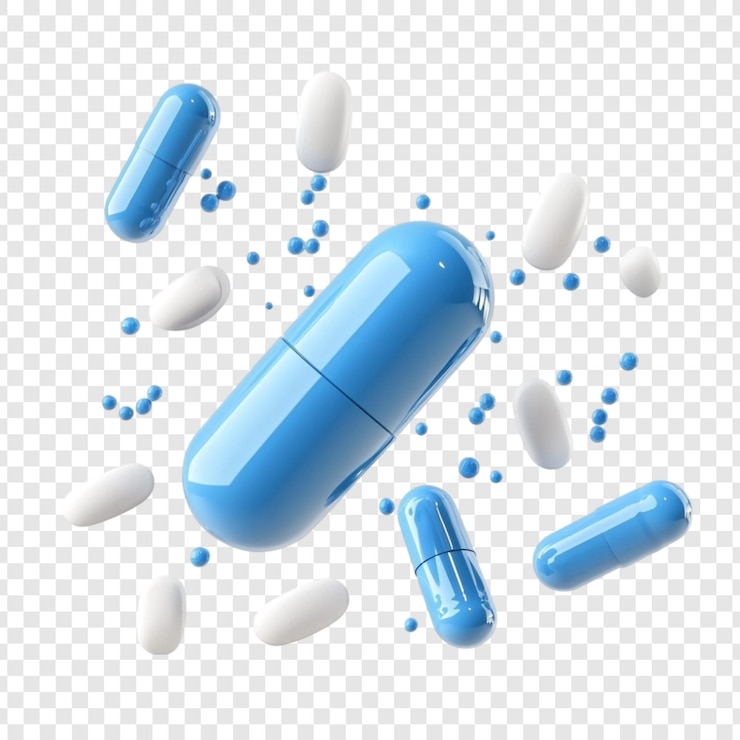 Free PSD blue and white pills levitating in midair medicine healthcare wellness treatment