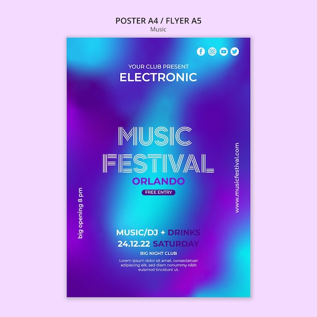 PSD gratuito modello di manifesto del festival musicale sfocato