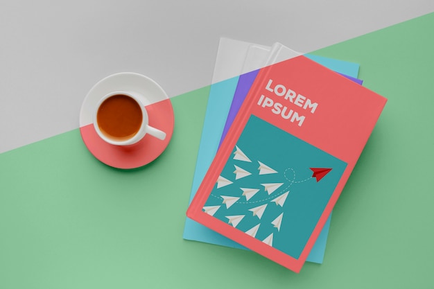 Book cover mock-up arrangement with cup of coffee