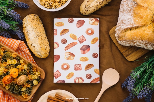 Book cover mockup with bread and pasta