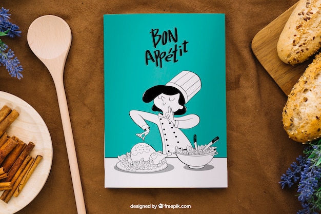 Book cover mockup with spoon and bread