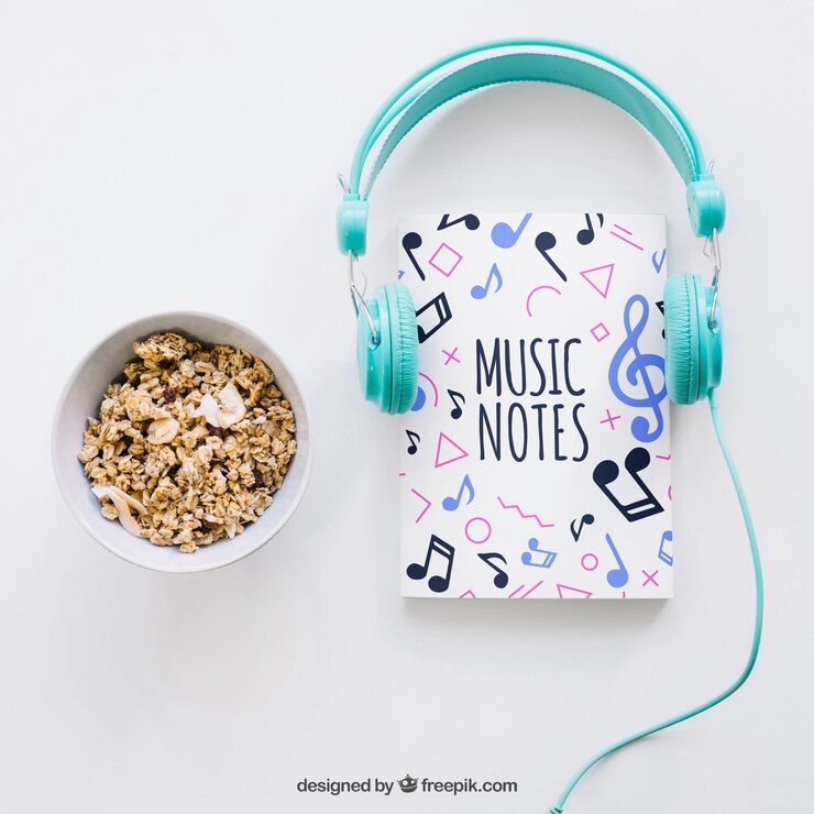 Free PSD book cover template with headphones and cereals