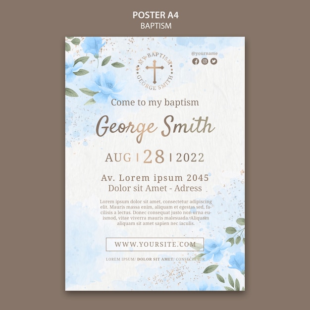 Free PSD botanical baptism celebration a4 poster template