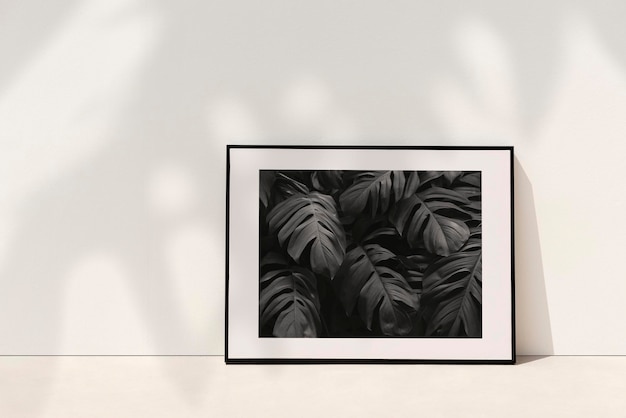 Free PSD botanical picture frame mockup psd leaning against the wall with plant shadow