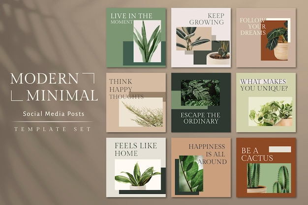 Free PSD botanical plant inspirational template psd social media post in minimal style set