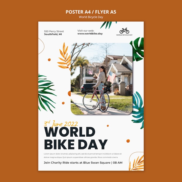 Free PSD botanical world bicycle day a5 flyer template