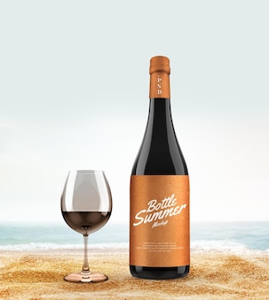 Bottle and glass mockup on the beach