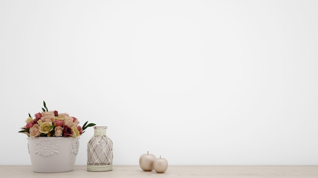 Bouquet of artificial roses in white vase, blank wall with copyspace