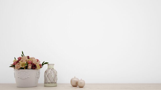 Bouquet of artificial roses in white vase, blank wall with copyspace