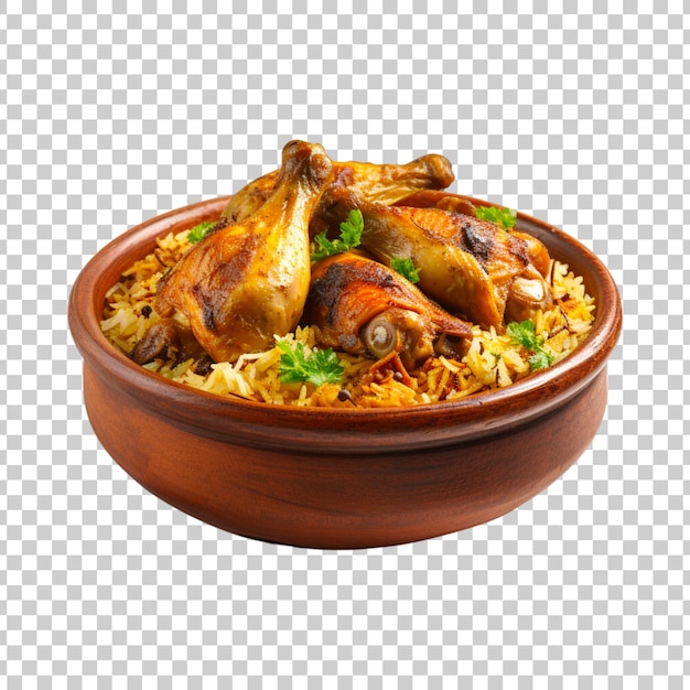 PSD gratuito una ciotola di biryani con pezzi di pollo su uno sfondo trasparente.