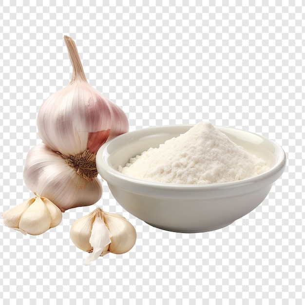 A bowl of flour and a bowl of garlic on a checkered isolated on transparent background