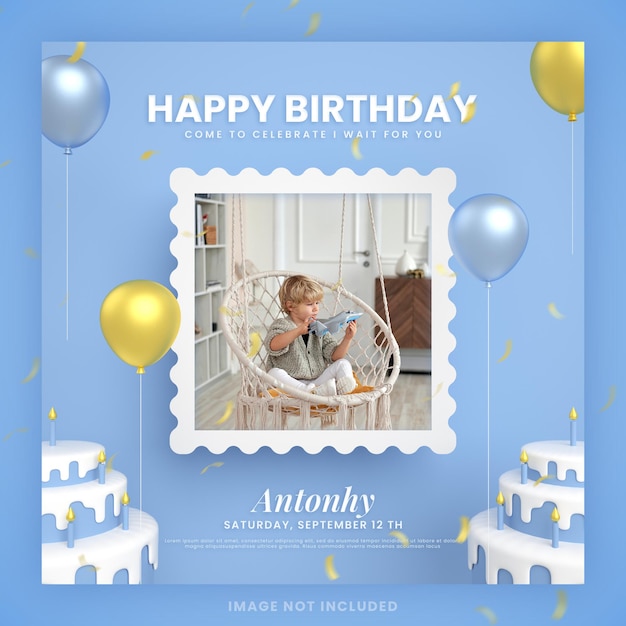 Boy happy birthday cake invitation card for blue instagram social media post template with mockup