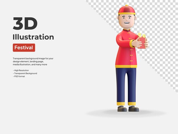 Boy holding envelope money celebrating chinese new year festival 3d render illustration