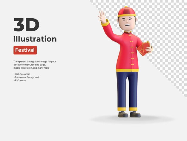 Boy holding envelope money celebrating chinese new year festival 3d render illustration