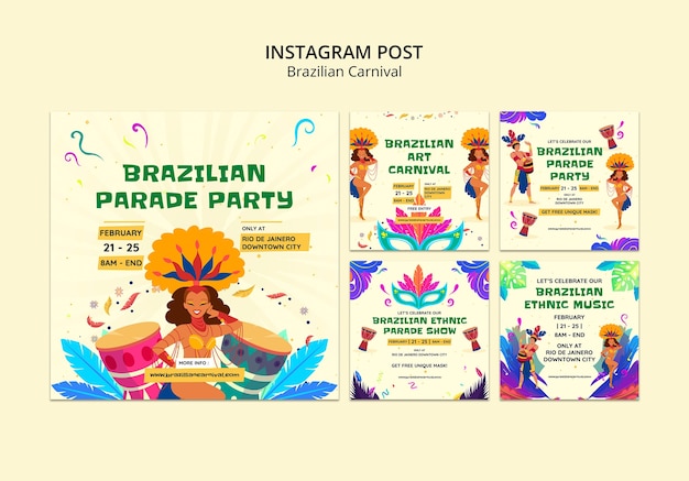 無料PSD ブラジルのカーニバルのinstagram投稿セット