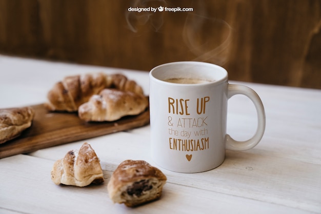 Free PSD breakfast mockup with croissants