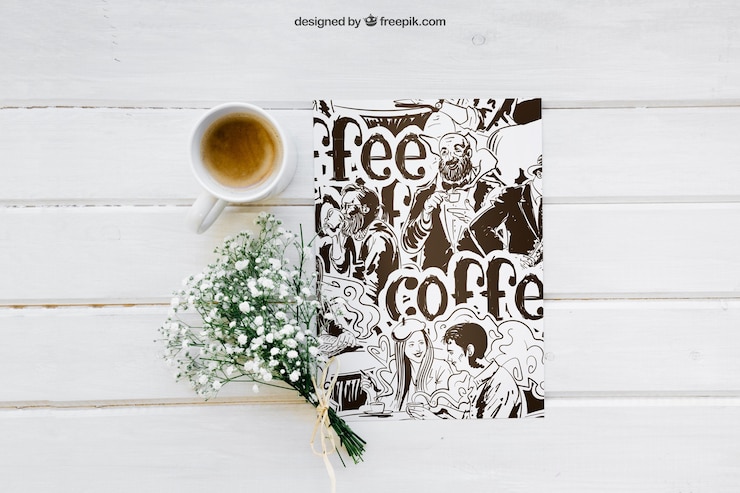 Free PSD breakfast mockup with paper and coffee