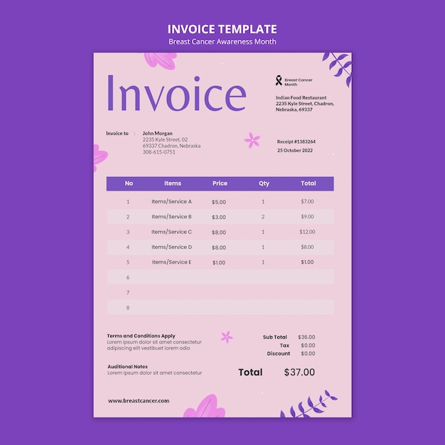 Free PSD breast cancer awareness month invoice template