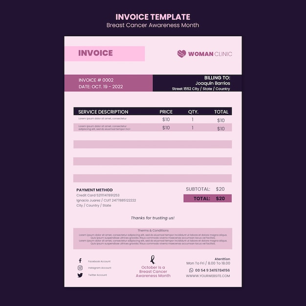 Free PSD breast cancer awareness month invoice template