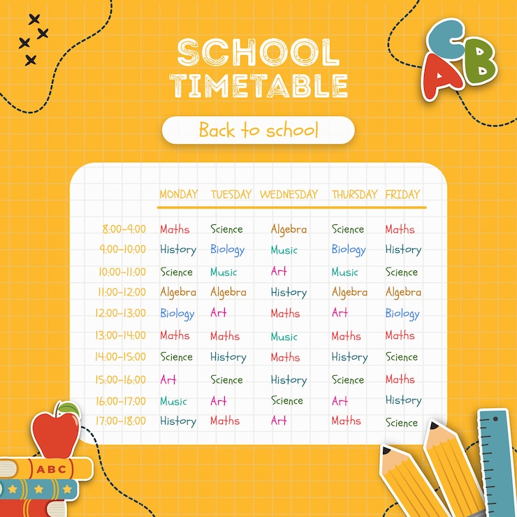 Free PSD bright yellow school timetable template