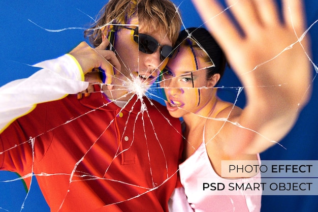 Free PSD broken glass effect over portrait of man and woman