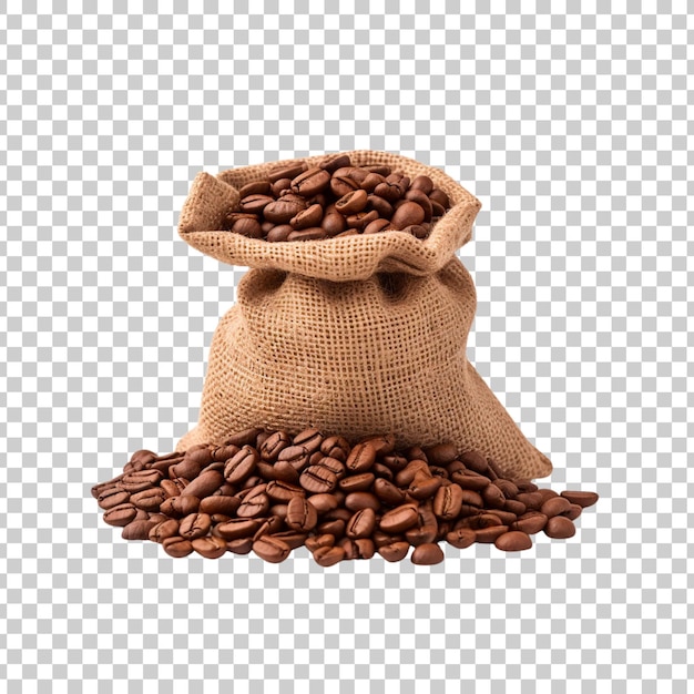 茶色のコーヒー豆を白い背景の布袋や袋に