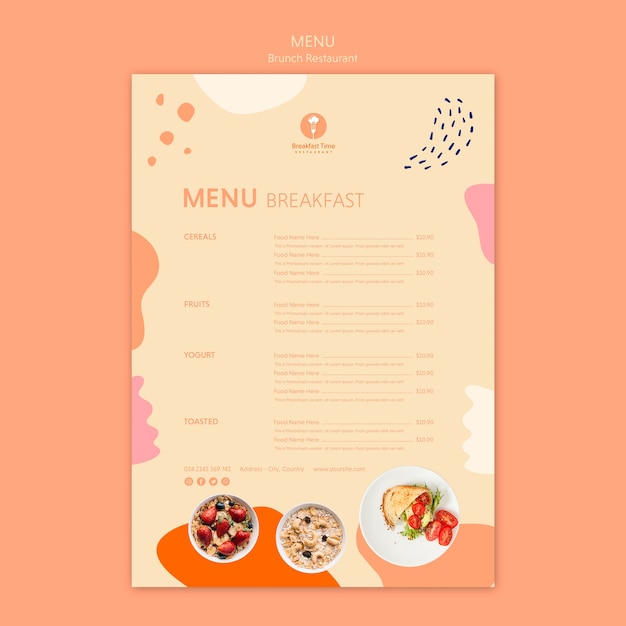 무료 PSD 아침 식사 메뉴가있는 브런치 레스토랑