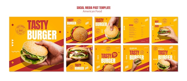 Modello di post social media hamburger cibo americano