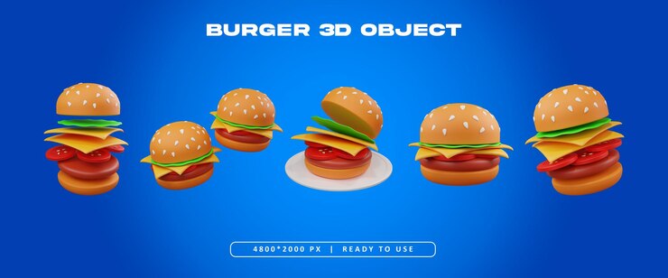 무료 PSD 버거 객체 세트 고립 3d 렌더링 일러스트레이션