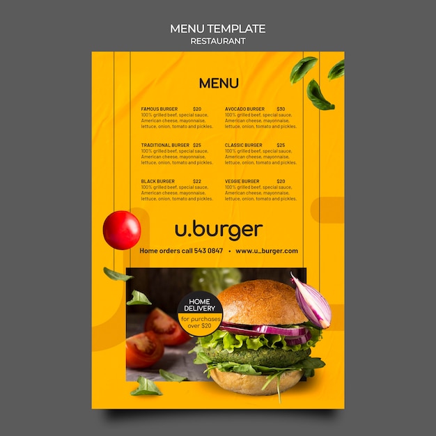 PSD gratuito modello di menu del ristorante hamburger