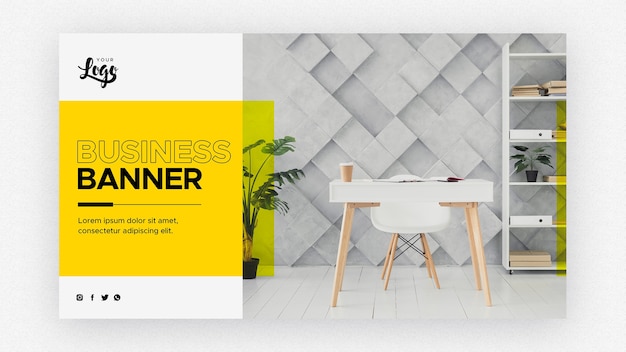 リビングルームと作業スペースを持つビジネスバナーテンプレート
