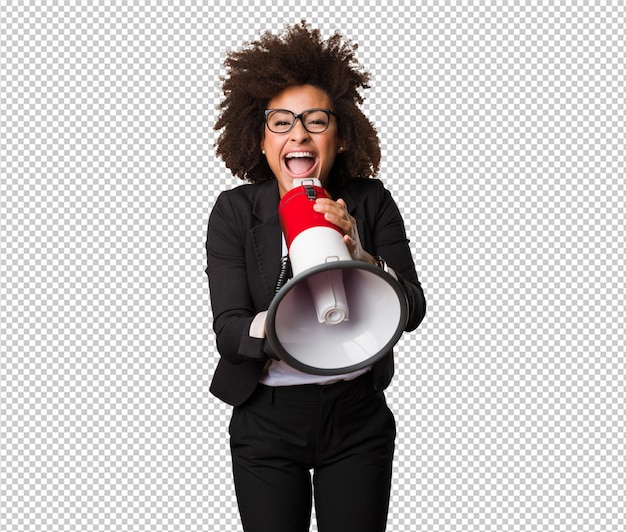 Business black woman shouting on the megaphone