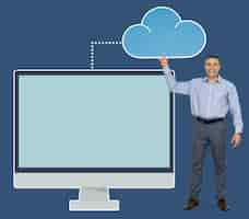 Free PSD businessman holding cloud computing icon