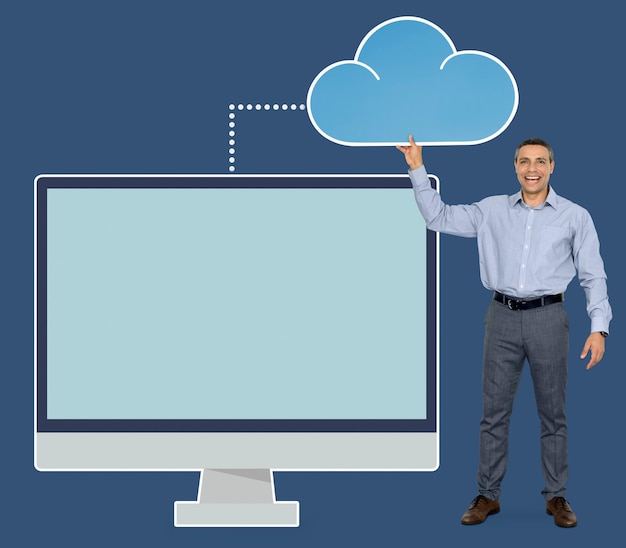 Businessman holding cloud computing icon