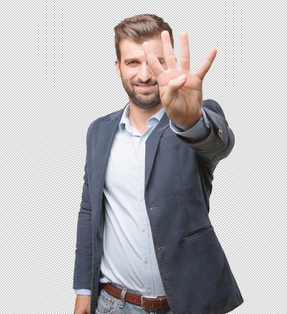 Businessman showing four fingers