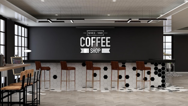Макет логотипа кафе в современном дизайне интерьера кафе-бара