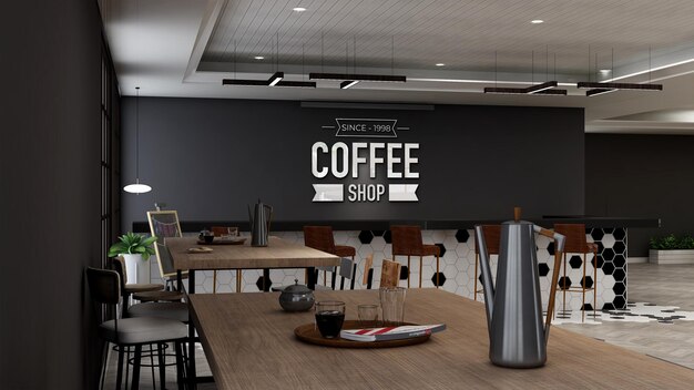 Cafe logo mockup in modern cafe bar interior design