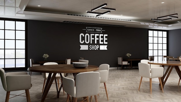 Cafe logo mockup in the restaurant room with wooden design interior wall