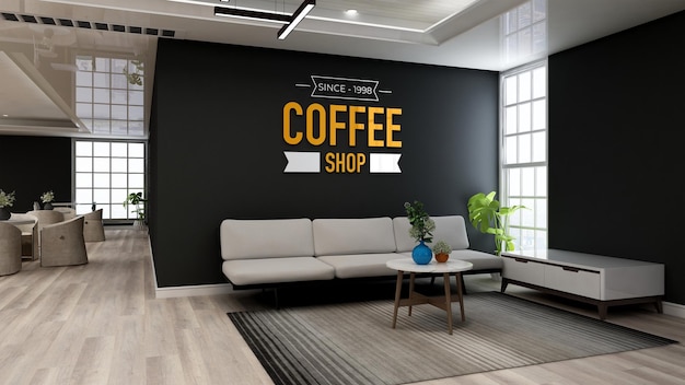 ソファとカフェのロゴのモックアップ