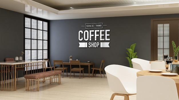 Cafe or restaurant logo mockup in the coffee shop with table and desk