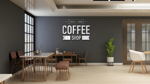 Cafe or restaurant logo mockup in the coffee shop with table and desk