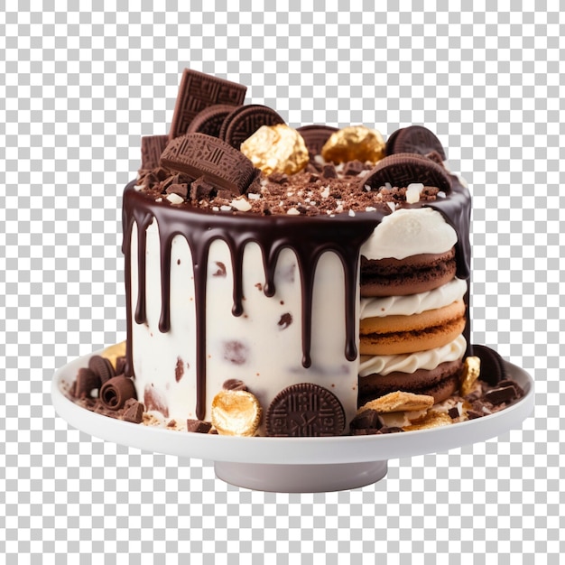 cake poured with chocolate and decorated with different cookies on a transparent background