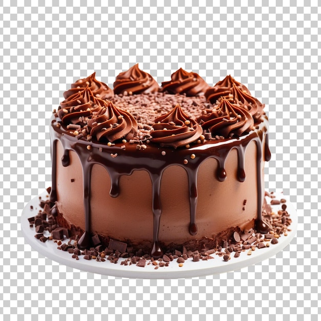 Cake poured with chocolate and decorated with different cookies on a transparent background