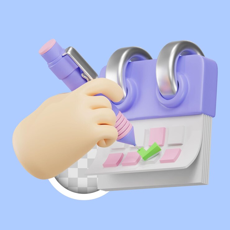 무료 PSD 일정 및 필기 3d 그림을 나타내는 펜이 있는 일정