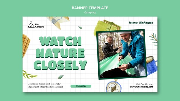 Camping horizontal banner template with leaves